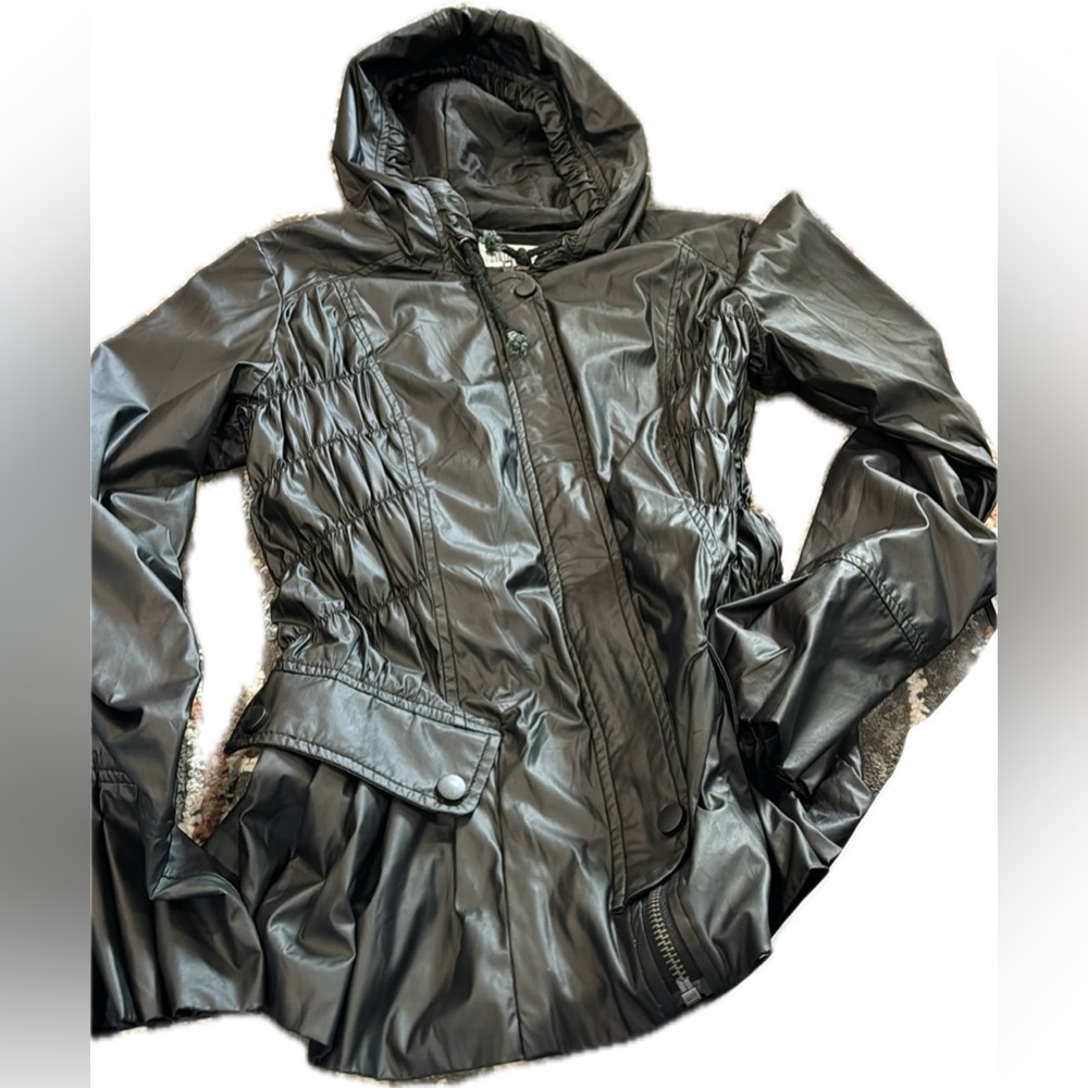 Monoreno Women’s Hooded Jacket BLack‎ Faux Leather Soft Women’s Size Medium